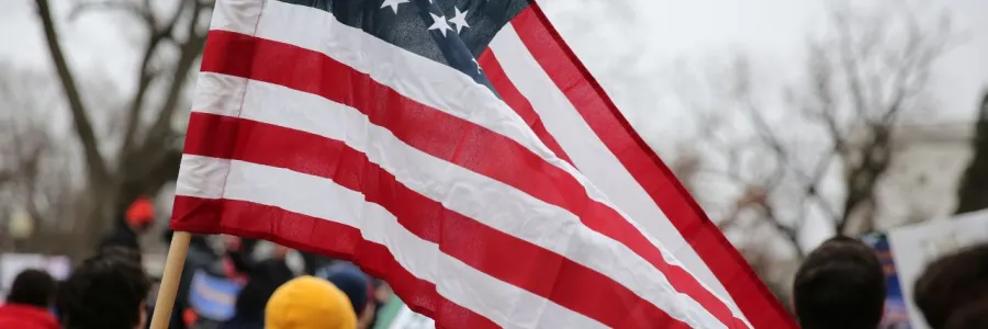 An image of a flag in front of a protester
