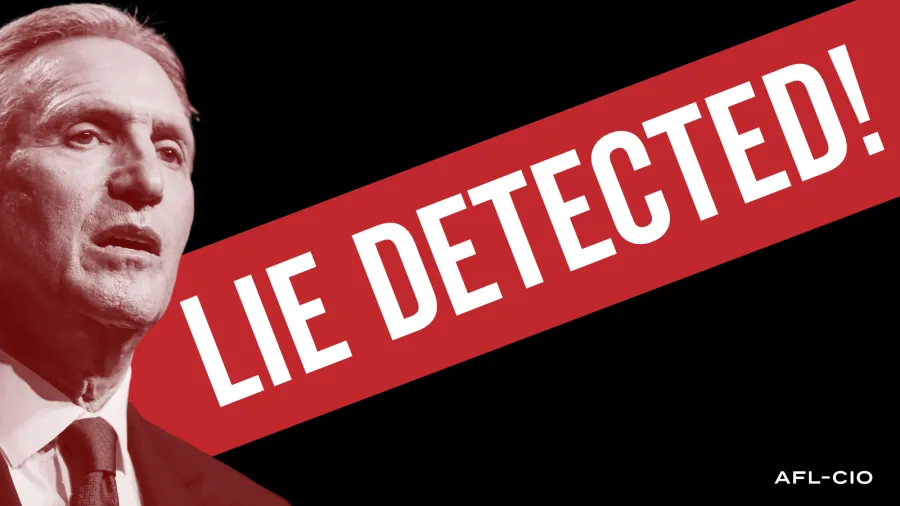 A photo of Starbucks founder and former CEO Howard Shultz with a banner saying, “Lie Detected!”