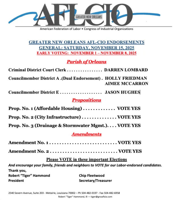 GREATER NEW ORLEANS AFL-CIO ENDORSEMENTS