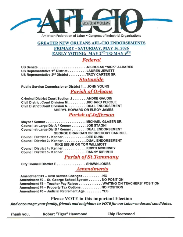 Greater New Orleans Endorsements May 2026
